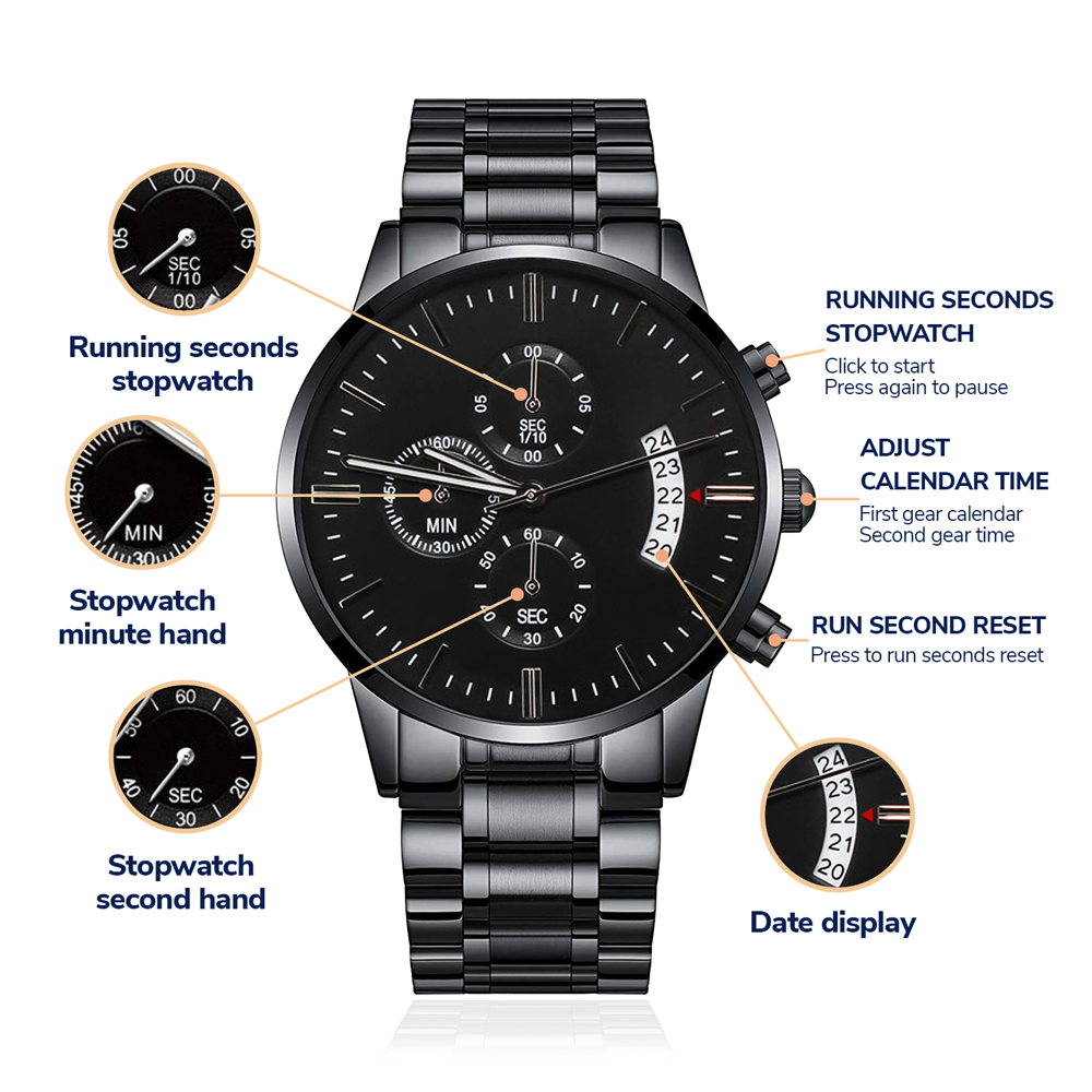 Personalized Black Chronograph Watch in Gift Box- Perfect gift for the man in your life.