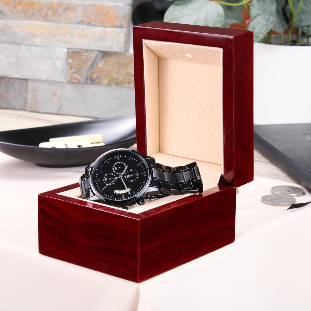 Personalized Black Chronograph Watch in Gift Box- Perfect gift for the man in your life.